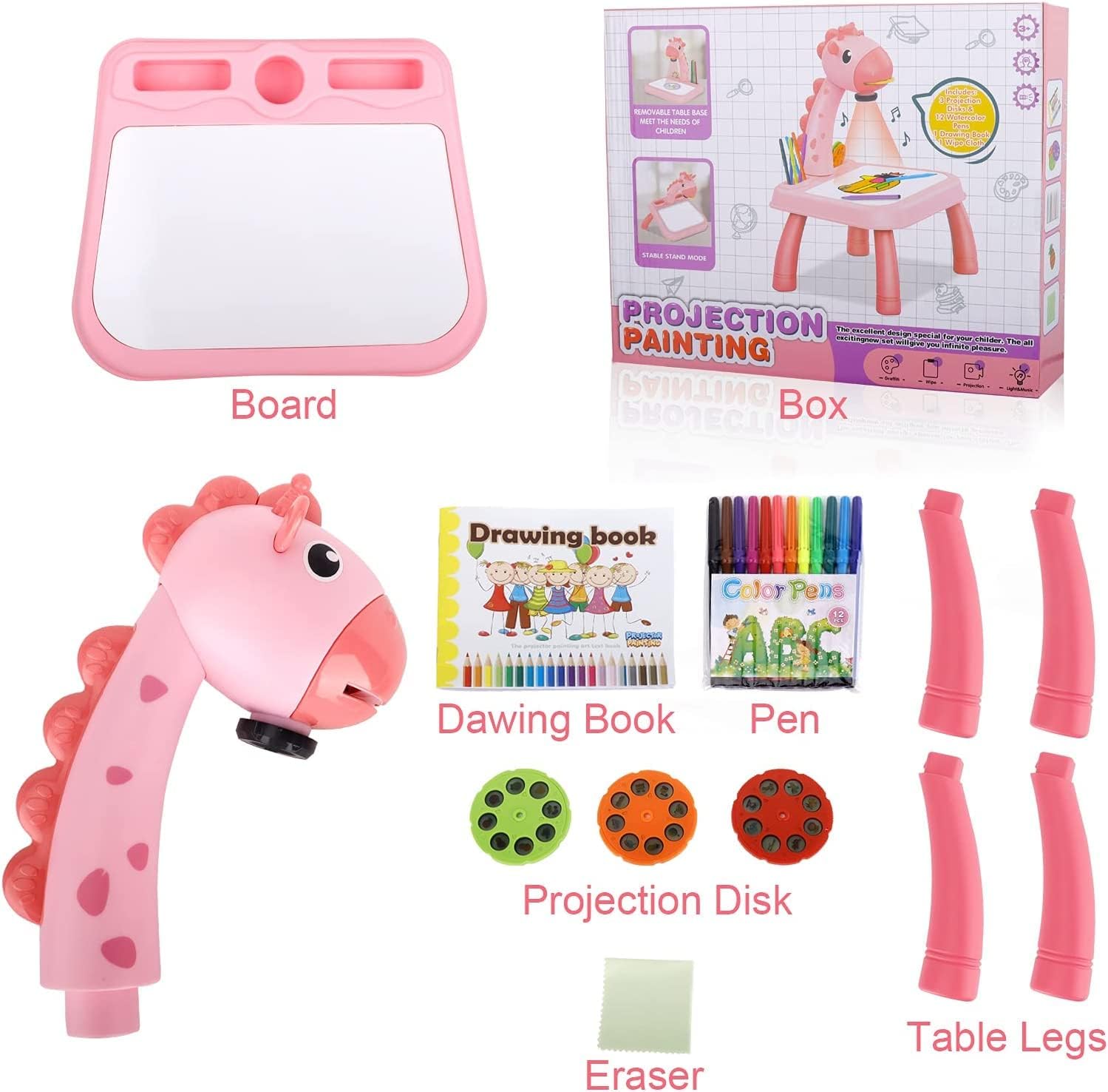 Drawing Projector Table Toy, Kids Drawing Board Art Projector Table, Painting Drawing Table Led Projector Toddler Toy Educational Drawing Playset for Kids Boys Girls Age 3+ (Pink)