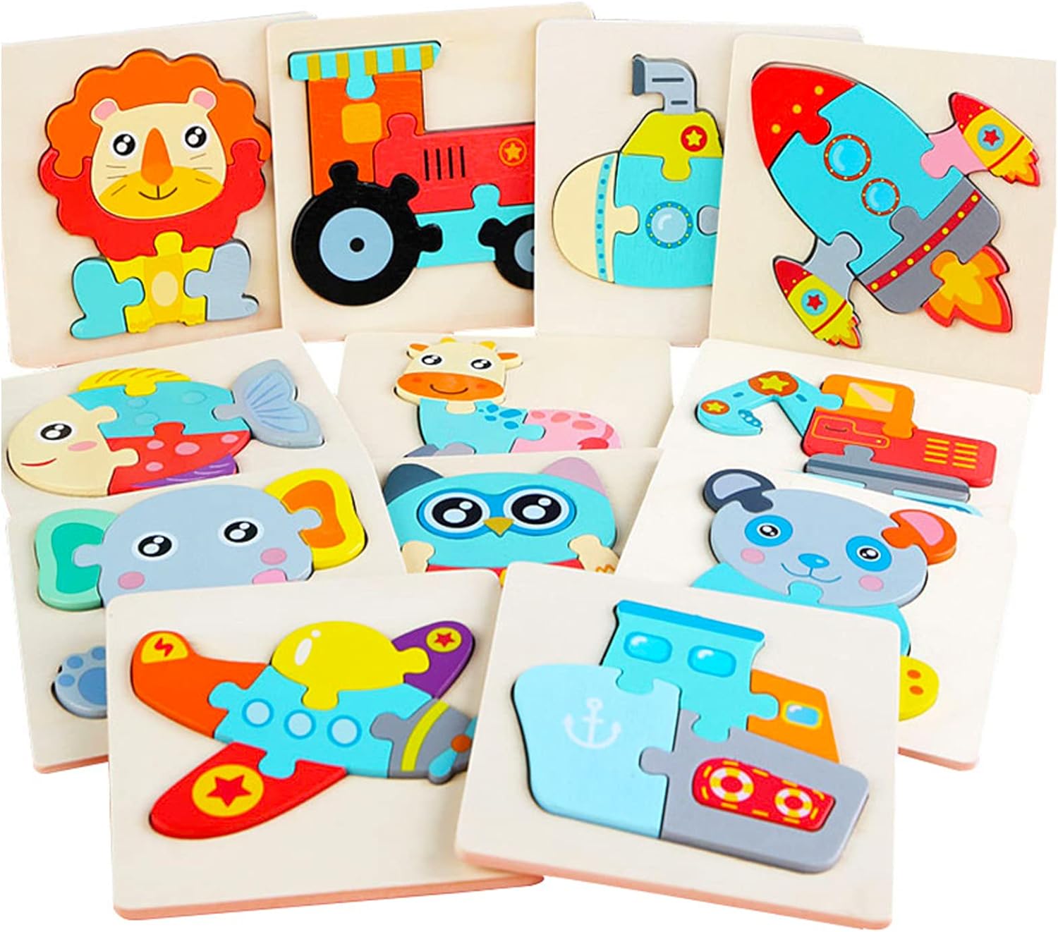 12 Pack Wooden Puzzles Toddler Toys for Kids 1-3 Years Old, Jigsaw Puzzles Learning Toys for Boys and Girls, Montessori Toys Color Shapes Early Learning Educational Gift