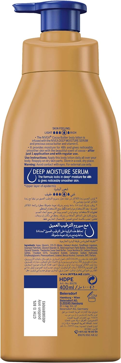 NIVEA Body Lotion Dry Skin, Cocoa Butter Vitamin E, 3x400ml