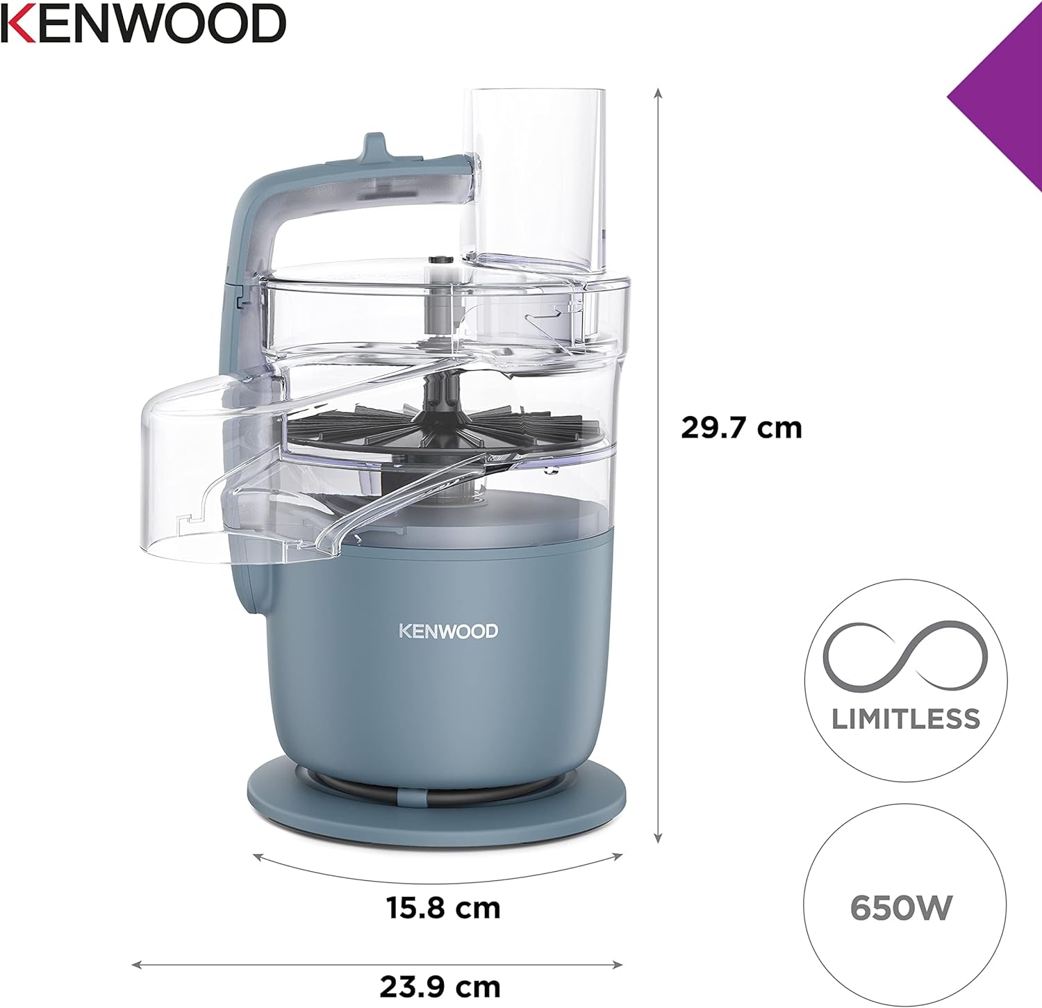 Kenwood, MultiPro Go FDP22.130GY, Food Processor, for Chopping, Slicing, Grating, Pureeing and Kneading Dough, with Express Serve, 1.3L Bowl, Knife blade, 4mm Slicing/Grating Disk, 650 Watts, Grey