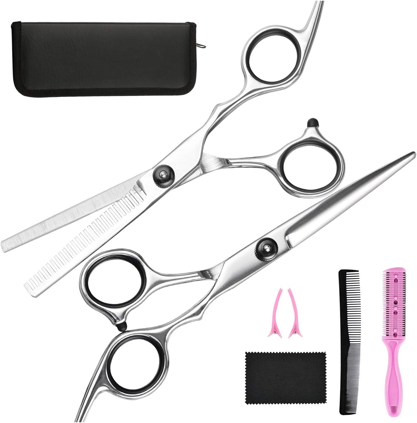 Hair Cutting Scissors Thinning Shears- Fcysy Professional Barber Sharp Hair Scissors Hairdressing Shears Kit with Haircut Accessories in Leather Case for Cutting Styling Hair for Women Men Pet- 7 Pcs