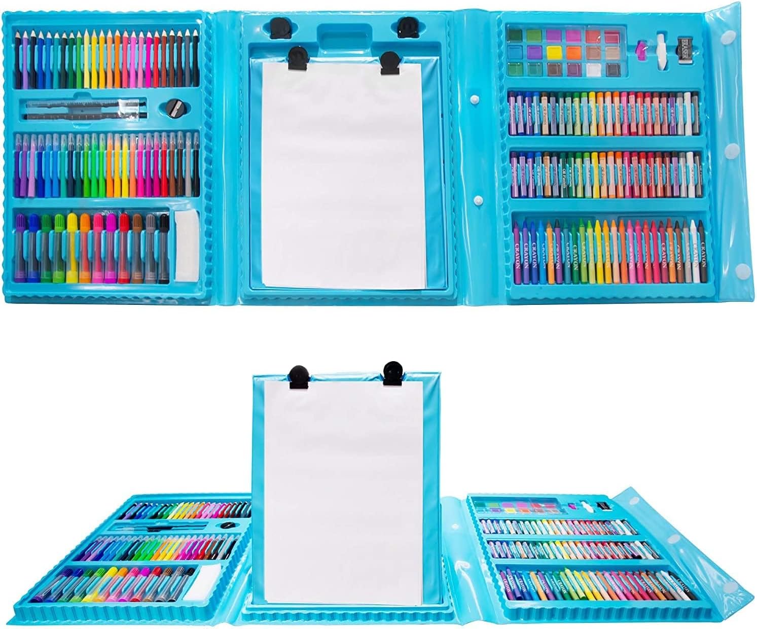 208 Pieces Double Sided Trifold Easel Art Set Portable Art Supplies Drawing Set Box With Oil Pastels Crayons Colored Pencils Markers Paint Brush Sketch Pad For Kids Gift (Blue)