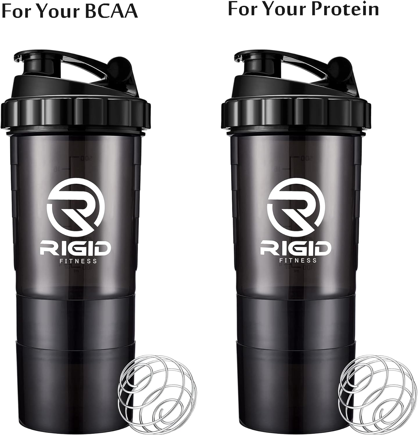 RIGID FITNESS (2 Pack) Protein Shaker Bottle x2 (500ml) Transparent - Leak-Proof Blender Bottle with Powder and Pill Storage Compartment - BPA Free Shaker