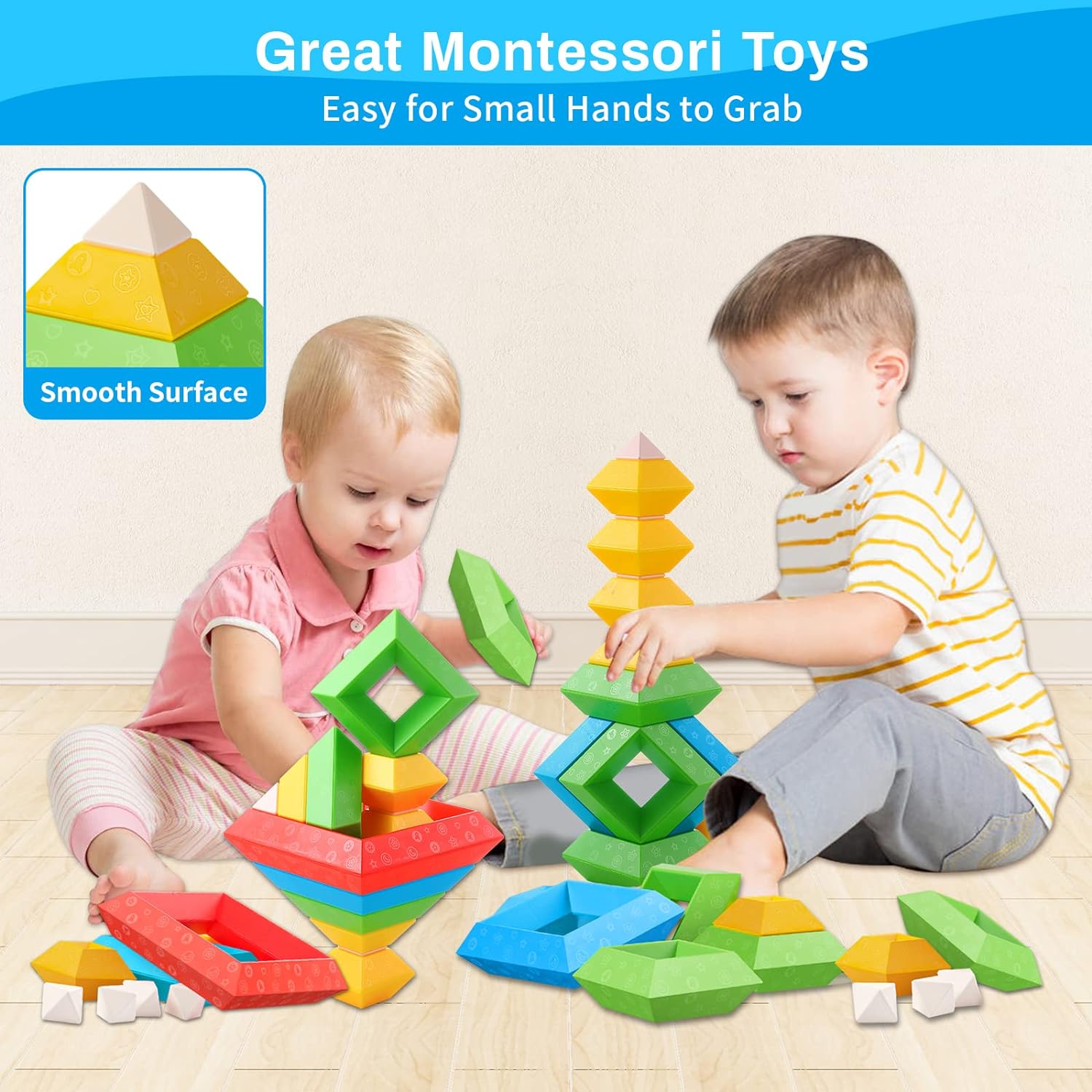 Hieoby Montessori Toys for 1 2 3 4 5 Year Old Boys Girls Toddlers Preschool Learning Activities 30Pcs Building Blocks Stacking Educational Toys STEM Sensory Toys Gifts for Kids Age 1-2 2-4,Blue