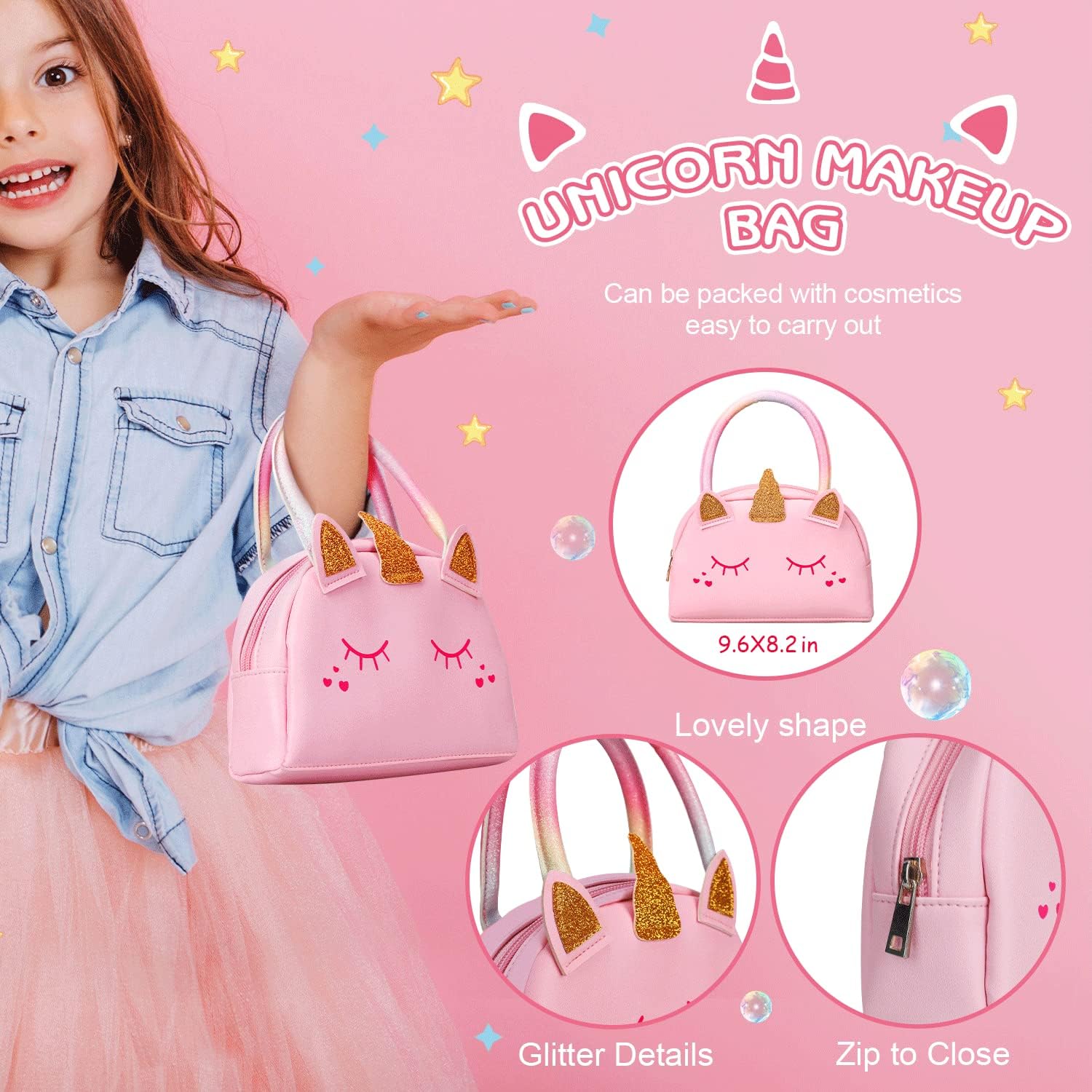 LinJie Makeup Kit for Girls, With Pink Unicorn Bag, Safe Non-Toxic,、Washable Makeup Toys、 Children's Real Makeup Bag For Little Girls, Playing With Makeup Children's Birthday Gifts