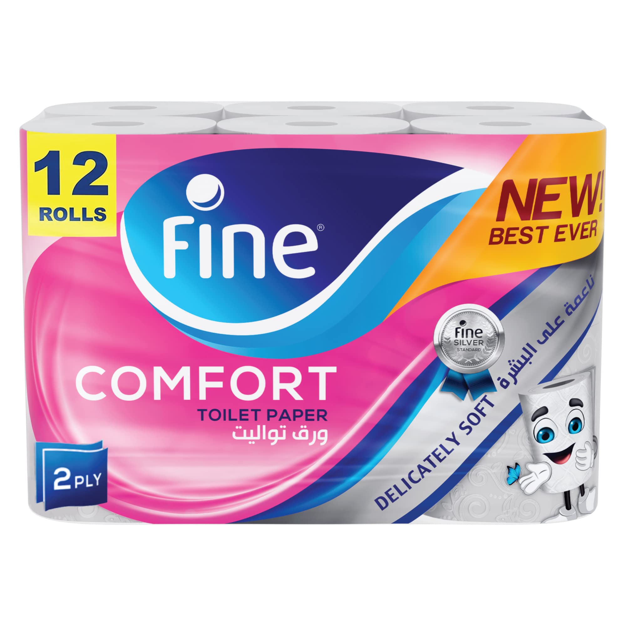 Fine Comfort, Absorbent, Sterilized, Soft, Flushable Toilet Paper, 2 Plies, Pack of 12 Rolls. New & Improved