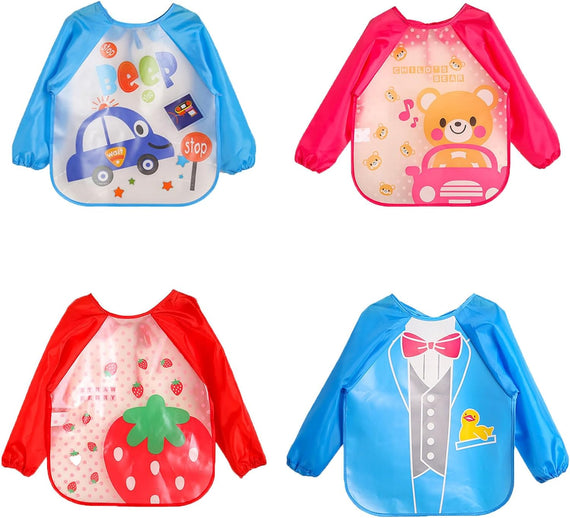 Baby Bibs with Sleeves, 4 Pcs Waterproof Long Sleeve Bib, Unisex Weaning Bib for Infant Toddler 6 Months to 3 Years Old, Include Car, Strawberry, Bear & Duck Pattern