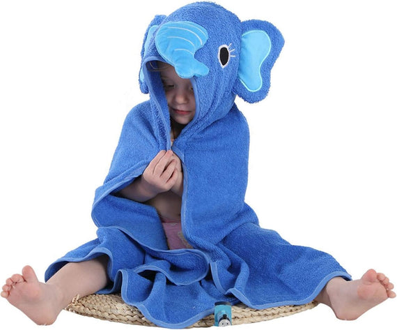 Baby Hooded Towel Washcloth Soft Cotton Elephant Bathrobe Towel for Kids Blue