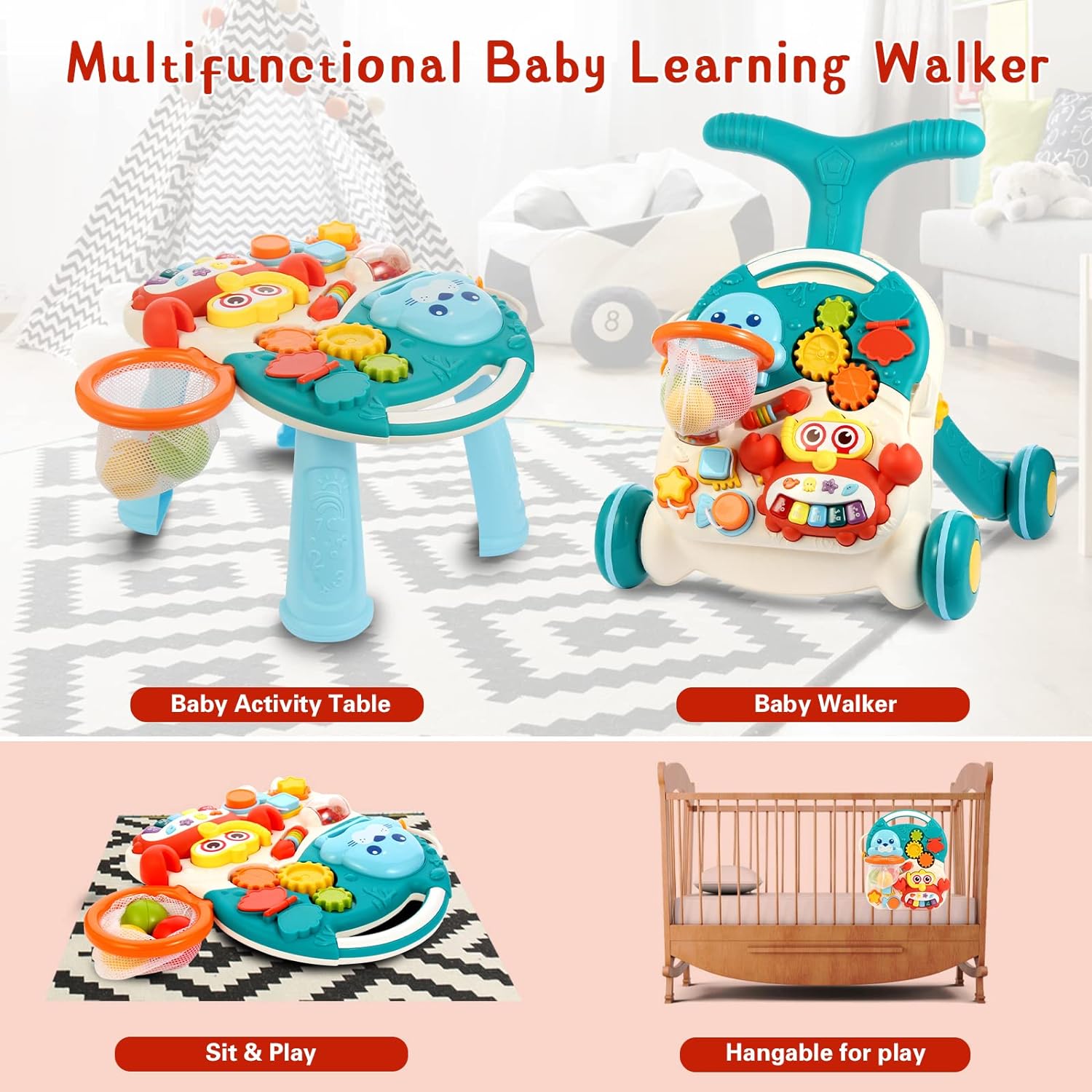 Maysuke Sit-to-Stand Learning Walker for Baby Boy and Girl, 2 in 1 Baby Push Walker with Educational Activity Center, Musick Learning Toys Gift for Infant Toddlers Kids (Blue)