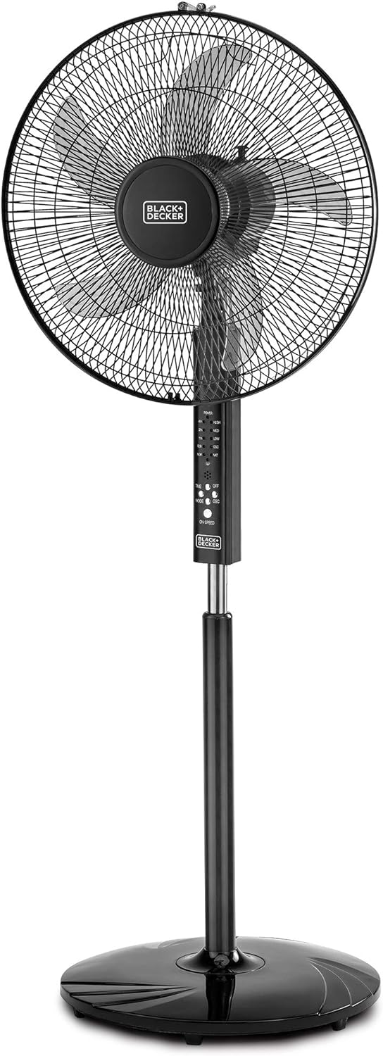 BLACK+DECKER 60W Stand Fan 16 Inch Fan Diameter 90° Wide Swing, 3 Speeds Low/Medium/High Plus Modes And 5AS Blade With Remote Control For The Perfect Temperature FS1620R-B5