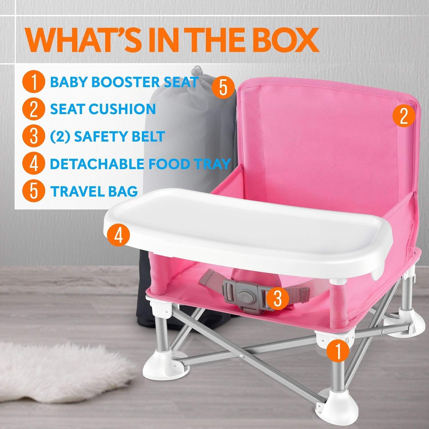 Baby Booster Seat Highchair Portable Baby Seat Travel, Space Saver Toddler Booster Seat, Compact Fold with Straps for Indoor/Outdoor Use, Feeding Chair Great for Camping Lawn(Pink)