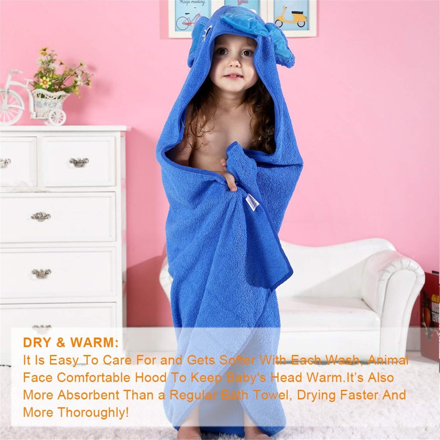 Baby Hooded Towel Washcloth Soft Cotton Elephant Bathrobe Towel for Kids Blue