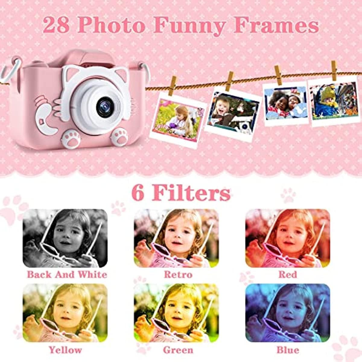 Malay Kids Camera,1080P HD Digital Video Camera Toy for 3-12 Year Old Boys/Girls, Birthday Festival Gifts for Kids,USB Rechargeable Kids Selfie Camera with 32GB SD Card and card reader(Pink)
