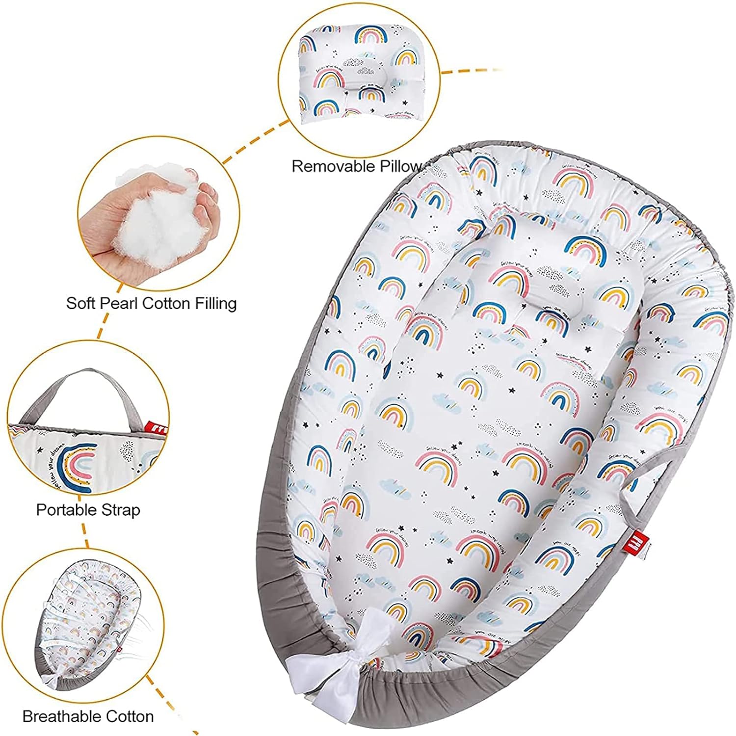 Baby Nest, 90x50cm Baby Nest Pod for Newborn, Soft Sleeping Cribs Cuddle Pads with Pillow, 100% Cotton Swaddling Wrap for Newborn & Babies - 0-12 Months (Rainbow)