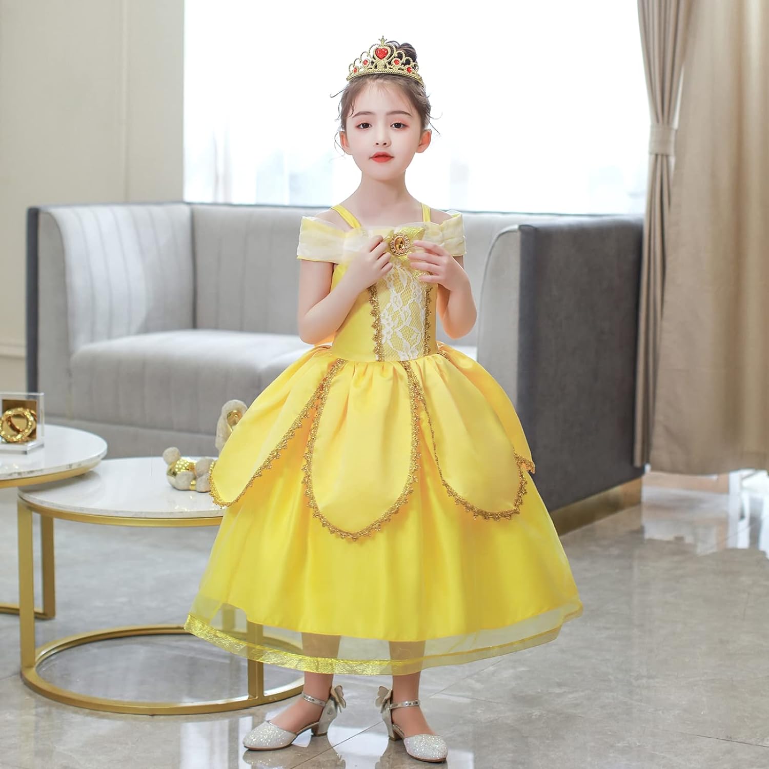 NOVOLAN Girls Princess Dress Children Princess Cosplay Dress Kids Party Attire, 4 Layer Skirt Yellow Short-Sleeved Long Dress, Costumes for Girls Castle Princess Style, Height 90cm-160cm