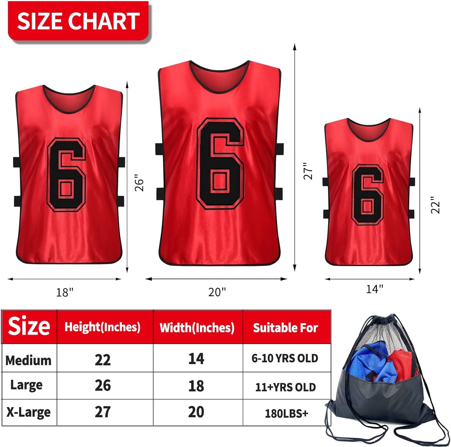 Pinnies Numbered Vest, 12 Pcs Red and Blue Two Sides Confrontation Vests for Kids-M