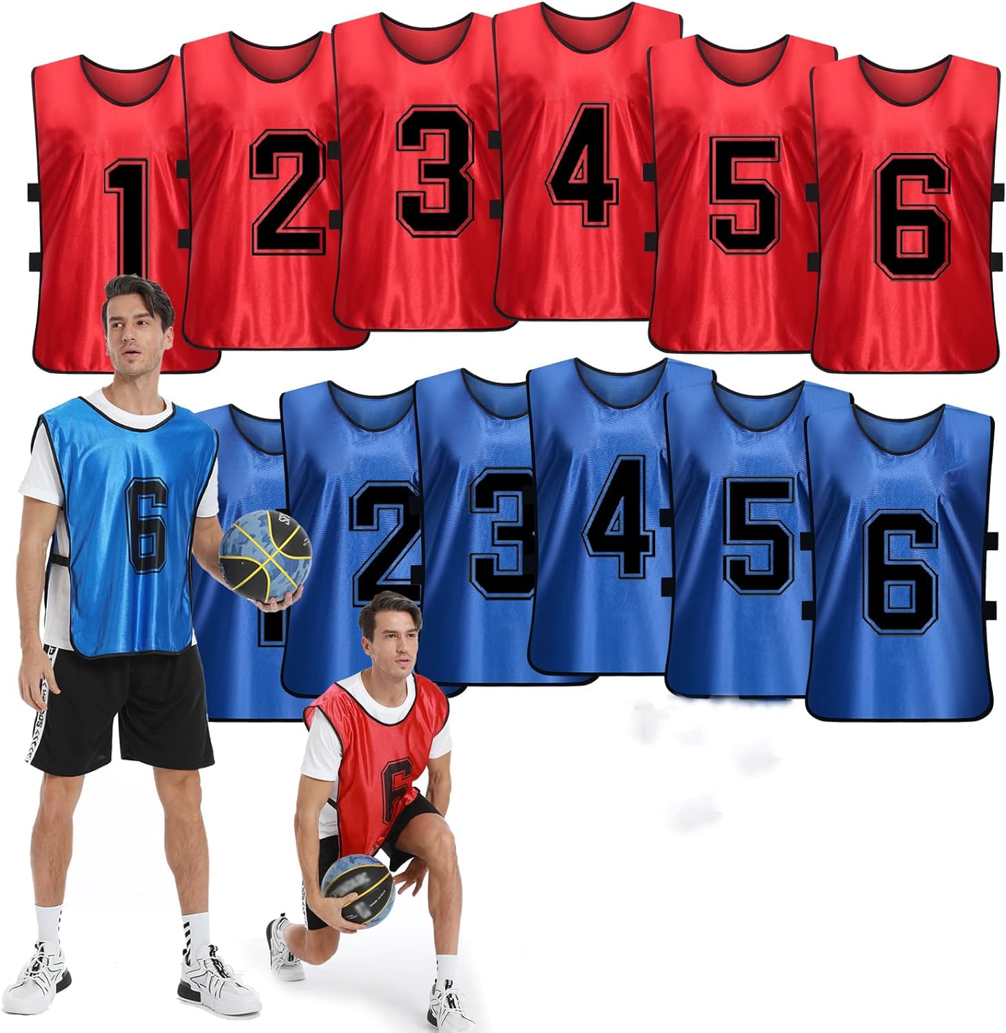 Pinnies Numbered Vest, 12 Pcs Red and Blue Two Sides Confrontation Vests for Kids-M