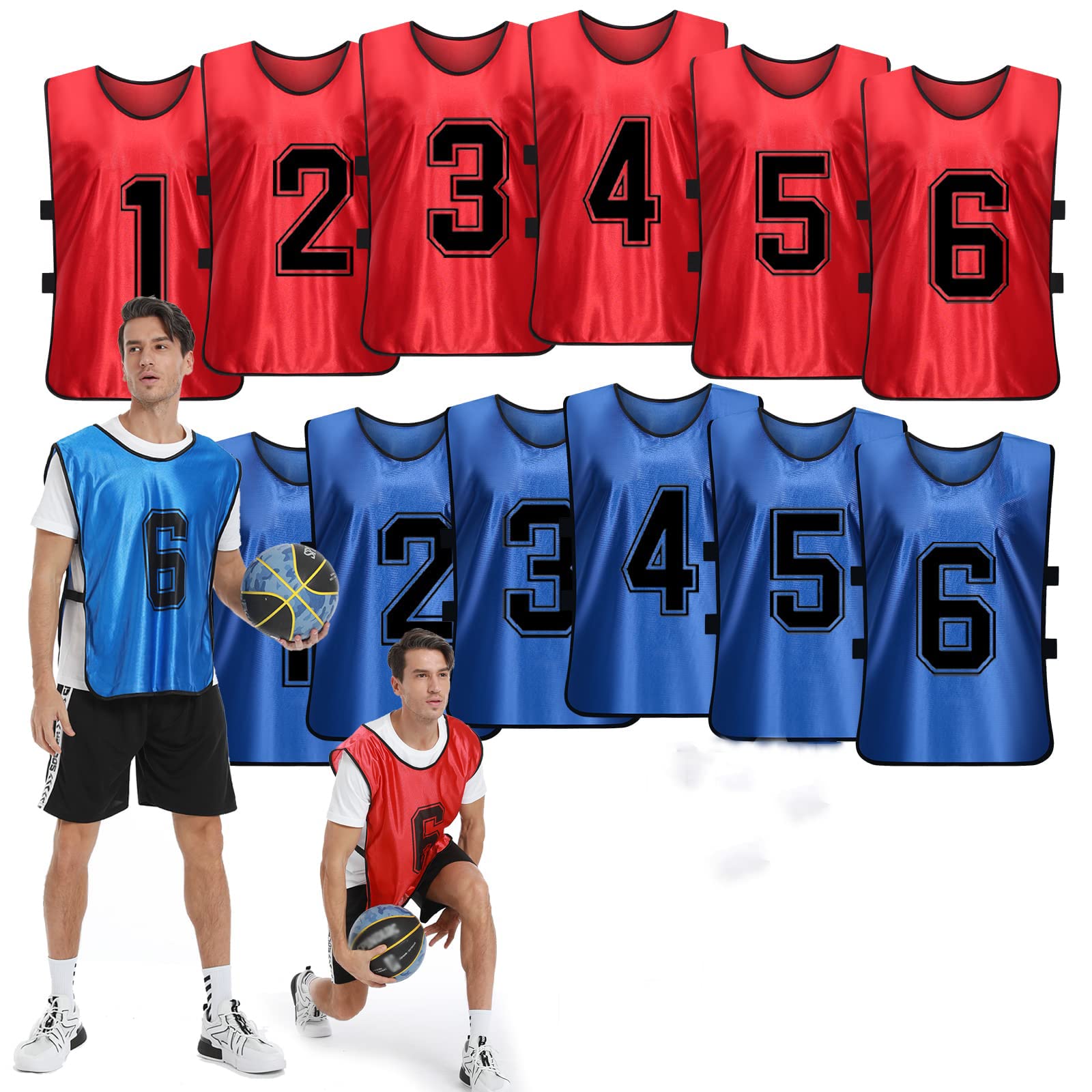 Pinnies Numbered Vest, 12 Pcs Red and Blue Two Sides Confrontation Vests for Kids-M