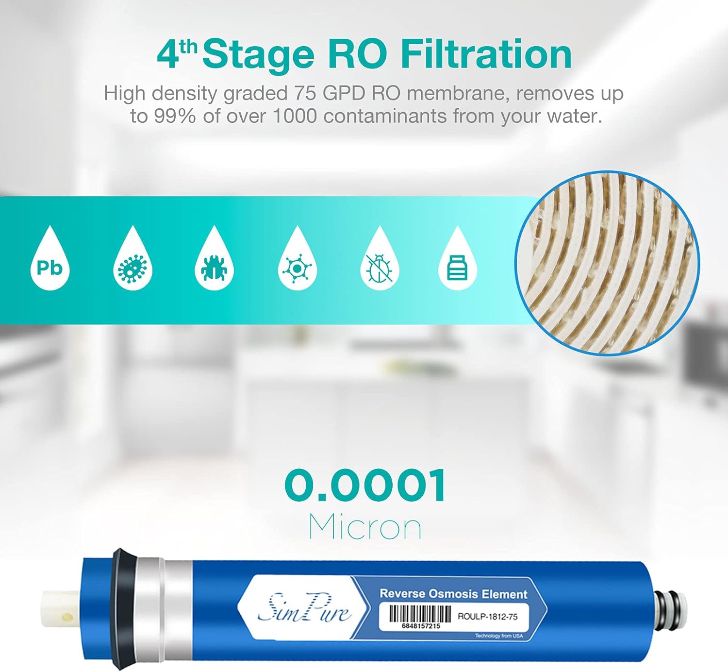 SimPure 5 Stage Reverse Osmosis Replacement Filter Set with 75 GPD RO Membrane, 5pc Pre & Post Replacement Cartridge Pack Kit for Standard 5-Stage Reverse Osmosis RO Systems