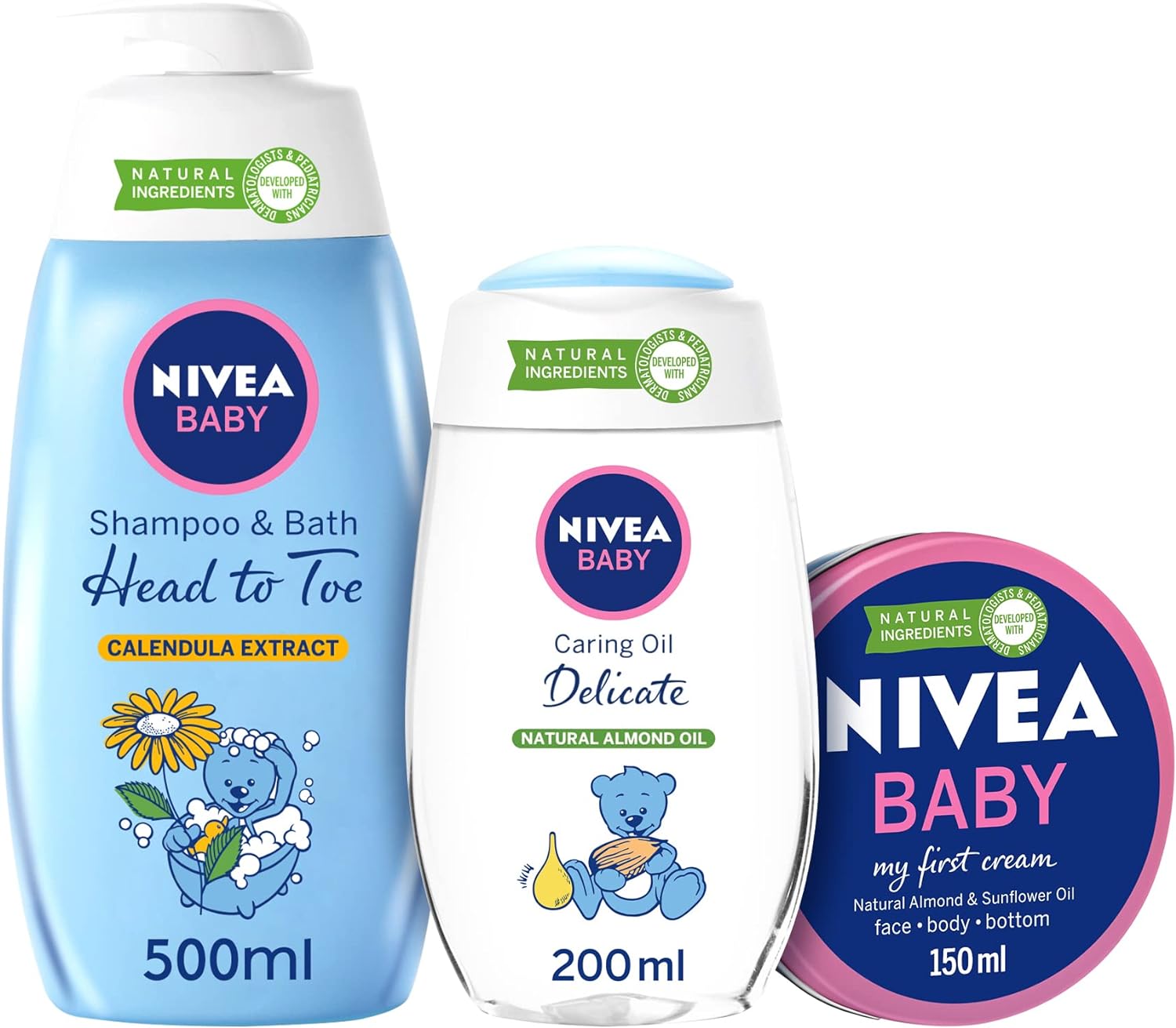 NIVEA Baby Care Kit with Natural Ingredients: Head To Toe Shampoo & Bath, 500ml + Caring Oil Delicate, 200ml + My First Cream All Purpose Cream, 150ml