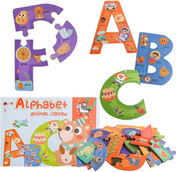 Wooden Jumbo Alphabet ABC Letter Toddler Puzzles Color Shape Animals Recognition Montessori STEM Jigsaw Preschool Learning Educational Toy for Kids 3 4 5 Years Old Boys Girls Gift