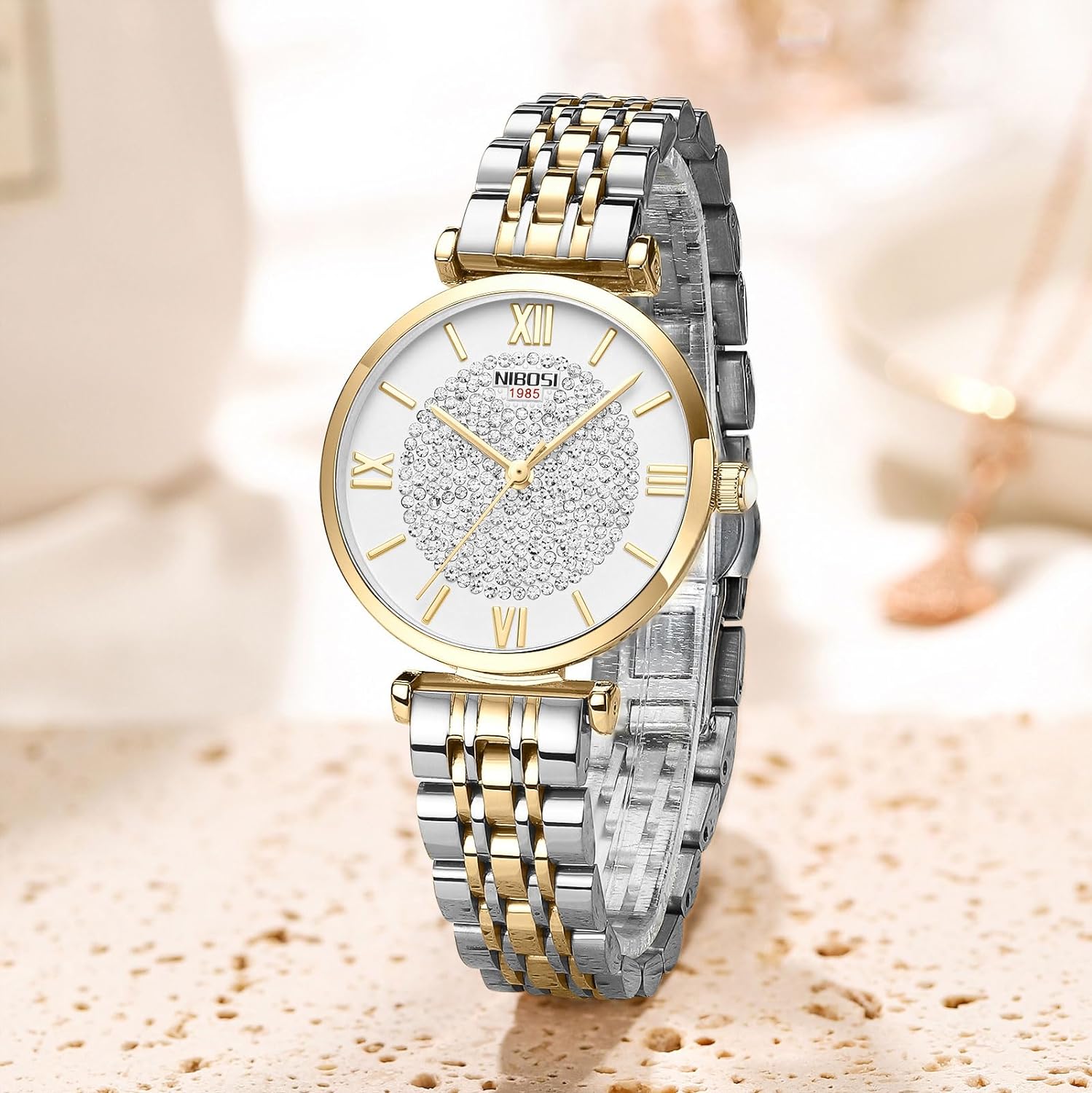 NIBOSI Women Watches Premium Analogue Business Wrist Watches for Women Rose Gold Dial Watch with Stylish Diamond Studded Watches