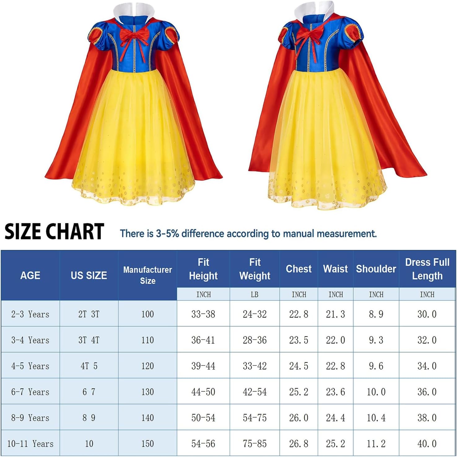 0TO1 Princess Dress, Princess Dress up Accessories, Kid Girls Snow White Dress Princess, for Kids Toddler Princess Dress Up Costume Outfits Cosplay Princess Party Tutu Dresses Kit (Size 51in)