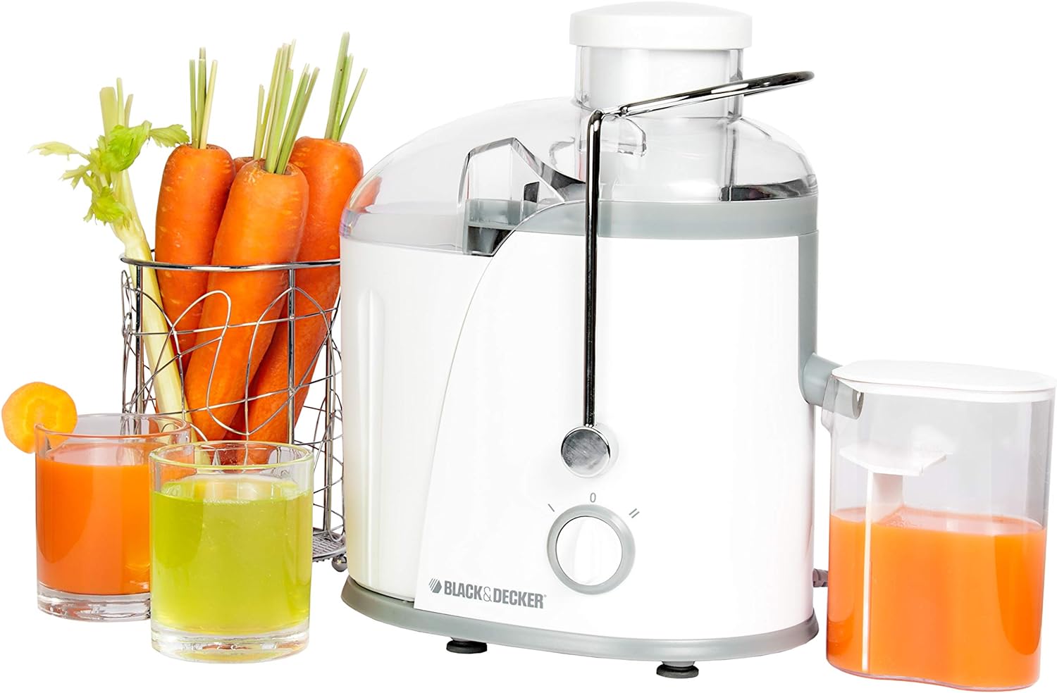 BLACK+DECKER 400w 65mm juice extractor xl feeding chute 1.3l large pulp container, 350ml collector, stainless steel filter, for juicing fruits&vegetables easily je400-b5