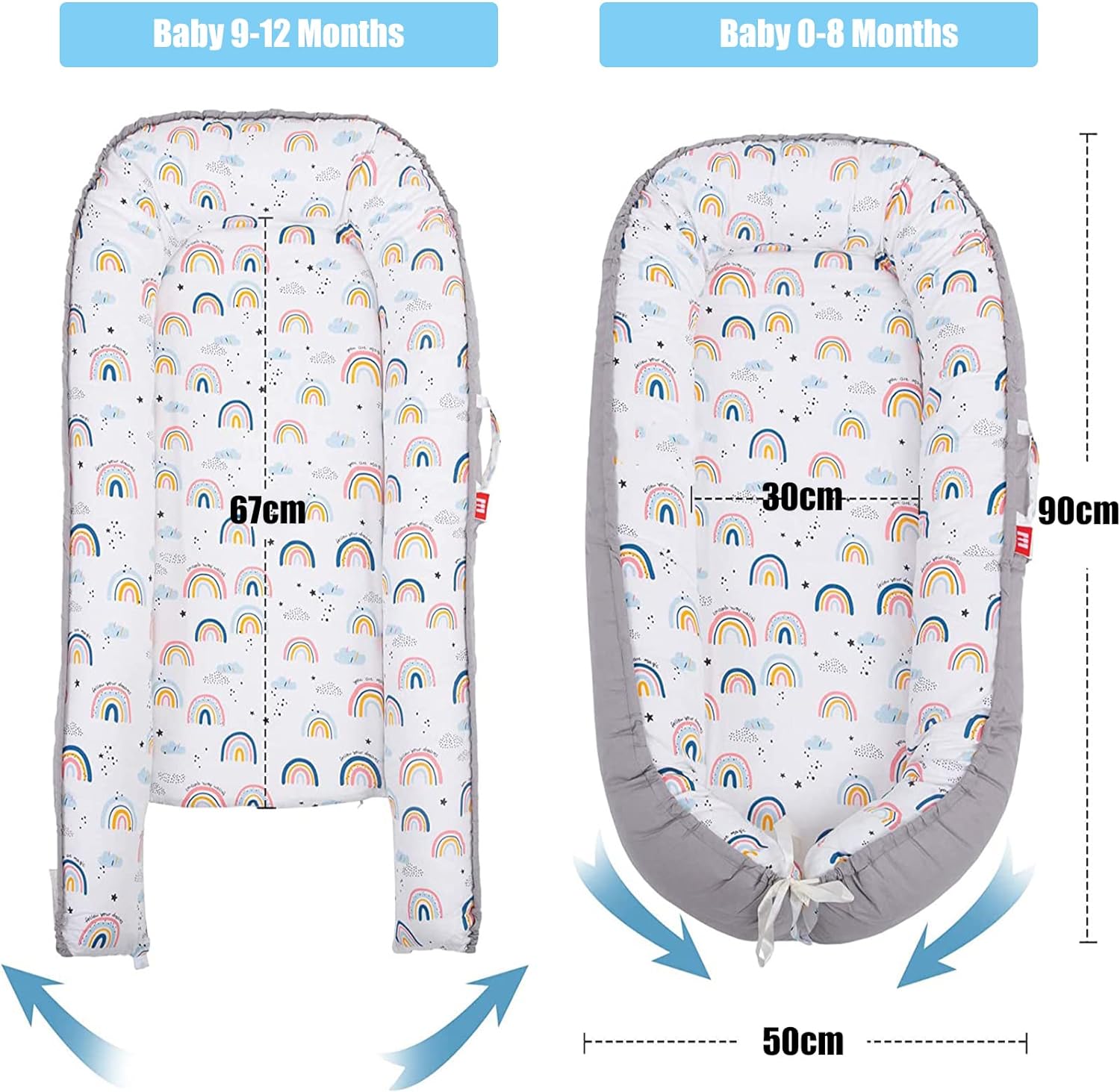 Baby Nest, 90x50cm Baby Nest Pod for Newborn, Soft Sleeping Cribs Cuddle Pads with Pillow, 100% Cotton Swaddling Wrap for Newborn & Babies - 0-12 Months (Rainbow)
