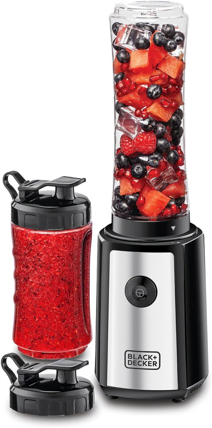 BLACK+DECKER Sports Blender/Smoothie Maker, 300W, 6 Piece with 500ml & 300ml Sports Bottle, 21500 RPM with Turbo Speed, SS Blades to Pulverize Ice & Frozen Fruits, , SBX300-B5