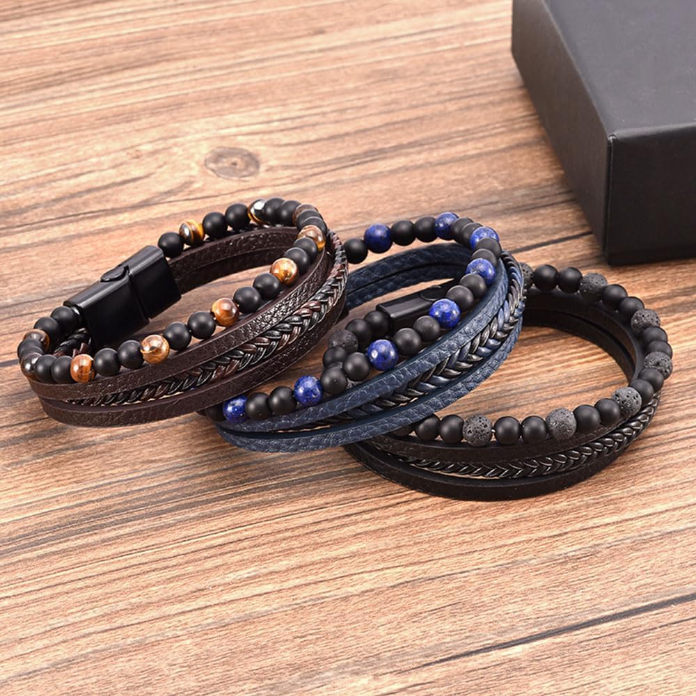 Multi-Layer Leather Bracelet For Men Braided Leather Gift For Men Stress Relief Adjustable Tiger Eye Beaded Bracelet Natural Stones Beads Bracelets For Women Bring Good Luck and Prosperity