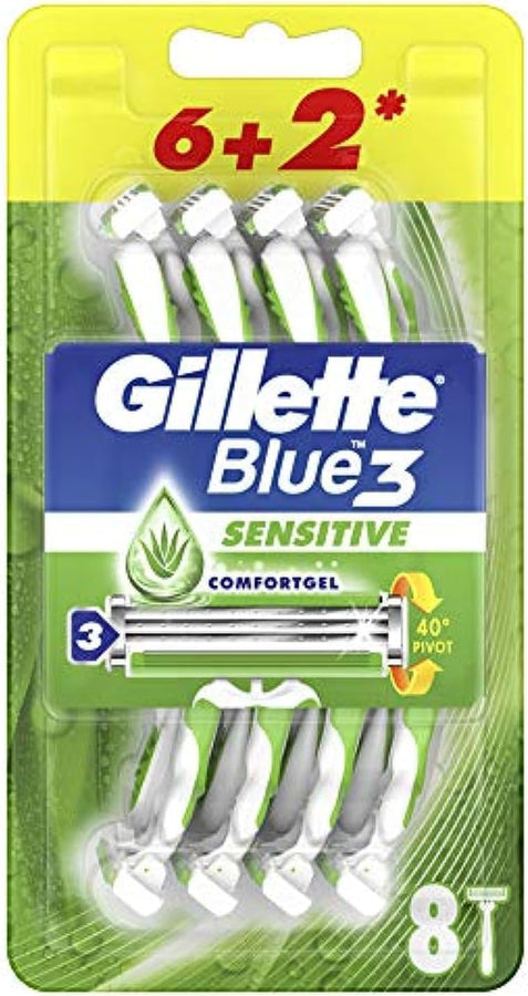 Gillette Blue3 Sensitive Men's Disposable Razors, 6+2 Razors