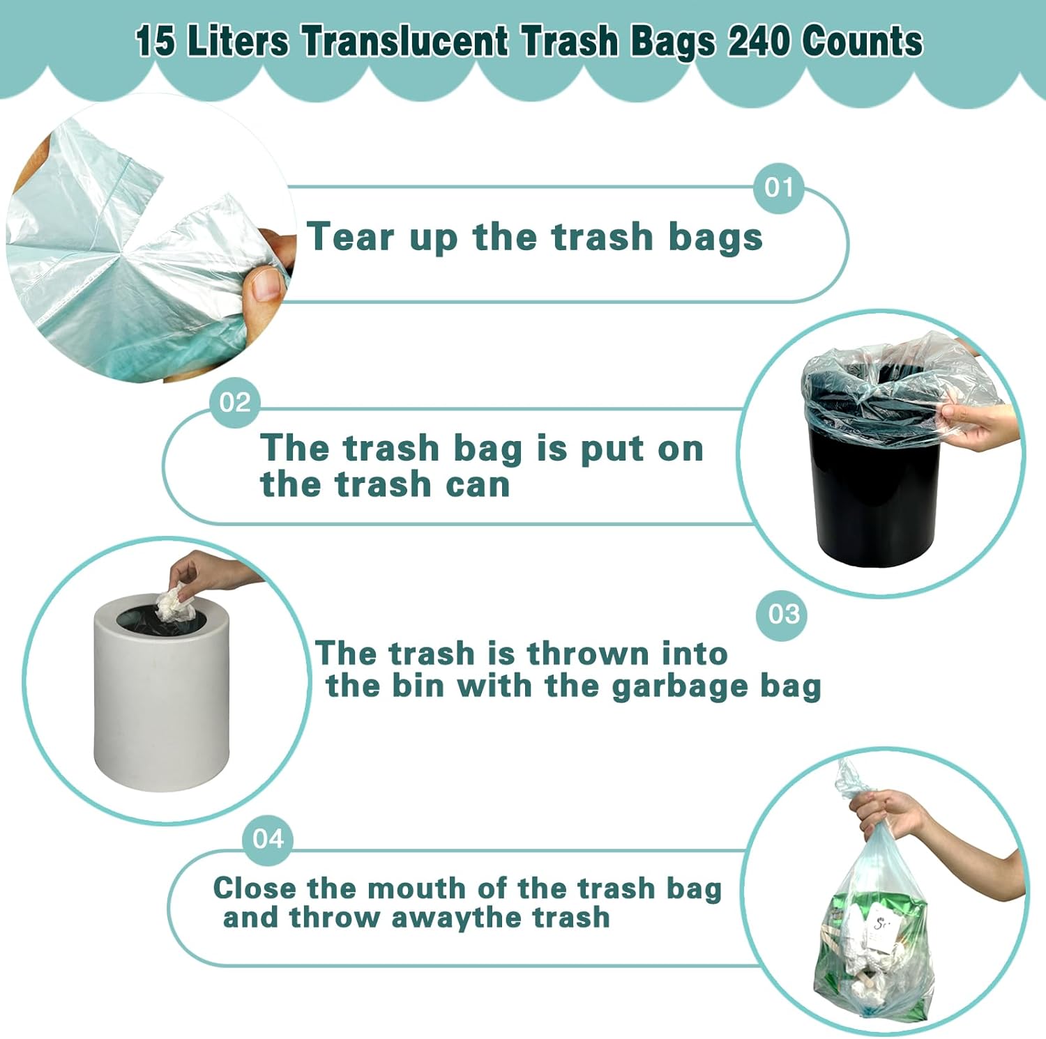 Small Trash Bags 0.6Mil Thicken 4 Gallon 15L Garbage Bags 240 Counts Trash Can Liner for Home Office Kitchen Bathroom Car Plastic Bins Recycling Bags
