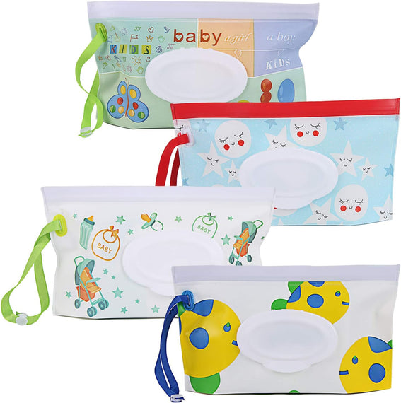 FEBSNOW 4 Pack Baby Wipes Container, Reusable Portable Wet Wipe Pouch,Wipe Dispenser Container,Baby Travel Wet Wipe Holder