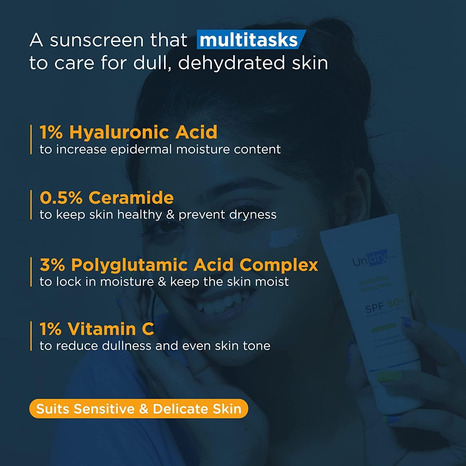 Undry Hydrating Sunscreen for Dry Skin (50gm) Lightweight, Photostable Sunscreen SPF 50 Broad Spectrum Sun Screen Protector SPF 50 Sunscreen for Women & Sunscreen for Men; Sun Cream with HA & Ceramide