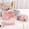 3Pcs Cosmetic Bag Vinyl Air Travel Toiletry Bags Bulk, Water Resistant PVC Packing Cubes with Zipper Closure & Carry Handle for Women Baby Men, Make-up brush Case Beach Pool Spa Gym Bag (Pink)
