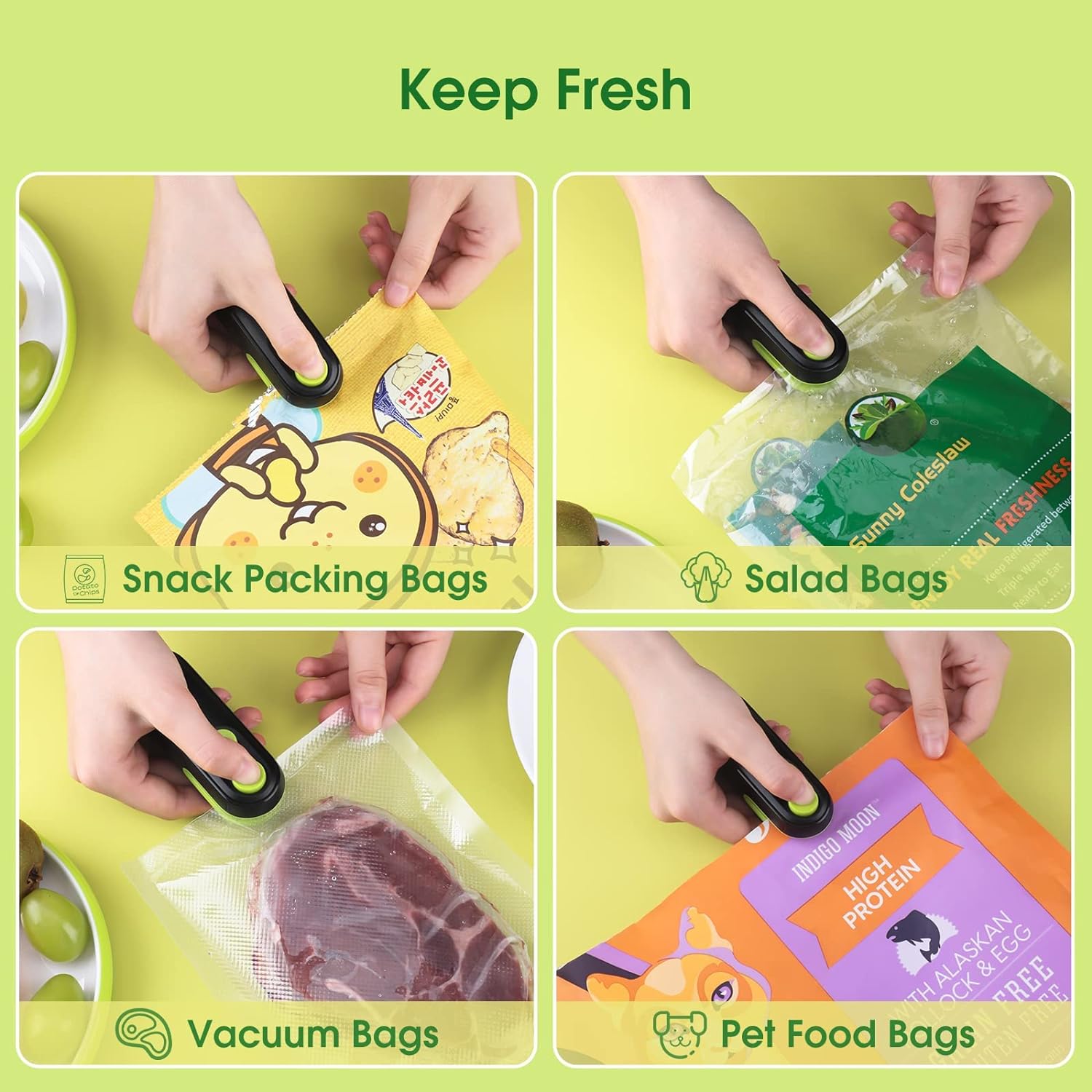 Mini Bag Sealer, 2 in 1 Heat Sealer For Snacks, Rechargeable Handheld Plastic Bag Resealer, Vacuum Bag Sealing Machine Portable, Keep Food Chips Cookies Fresh Black/Green