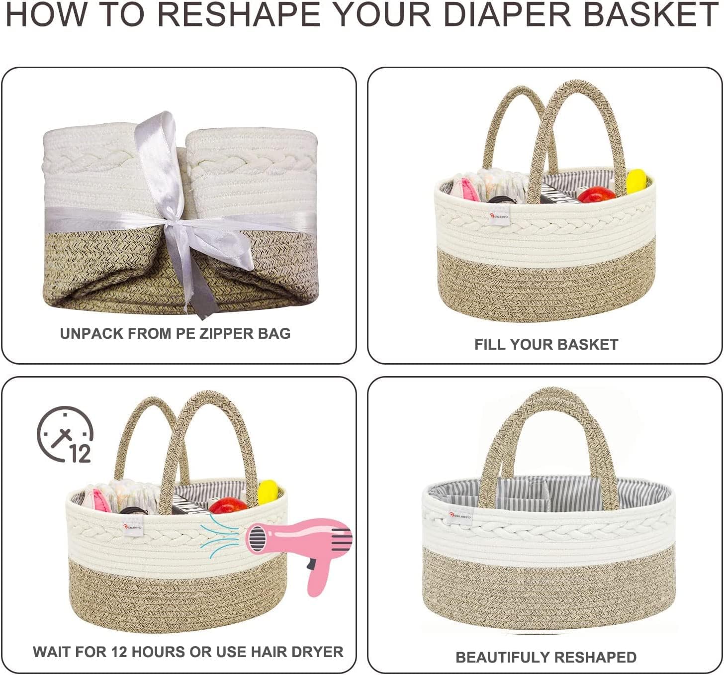 2 in 1 Baby Diaper Caddy Organizer, 100% Cotton Rope Diaper Storage Basket, Nursery Diaper Organizer for Newborn Boys Girls (Brown)