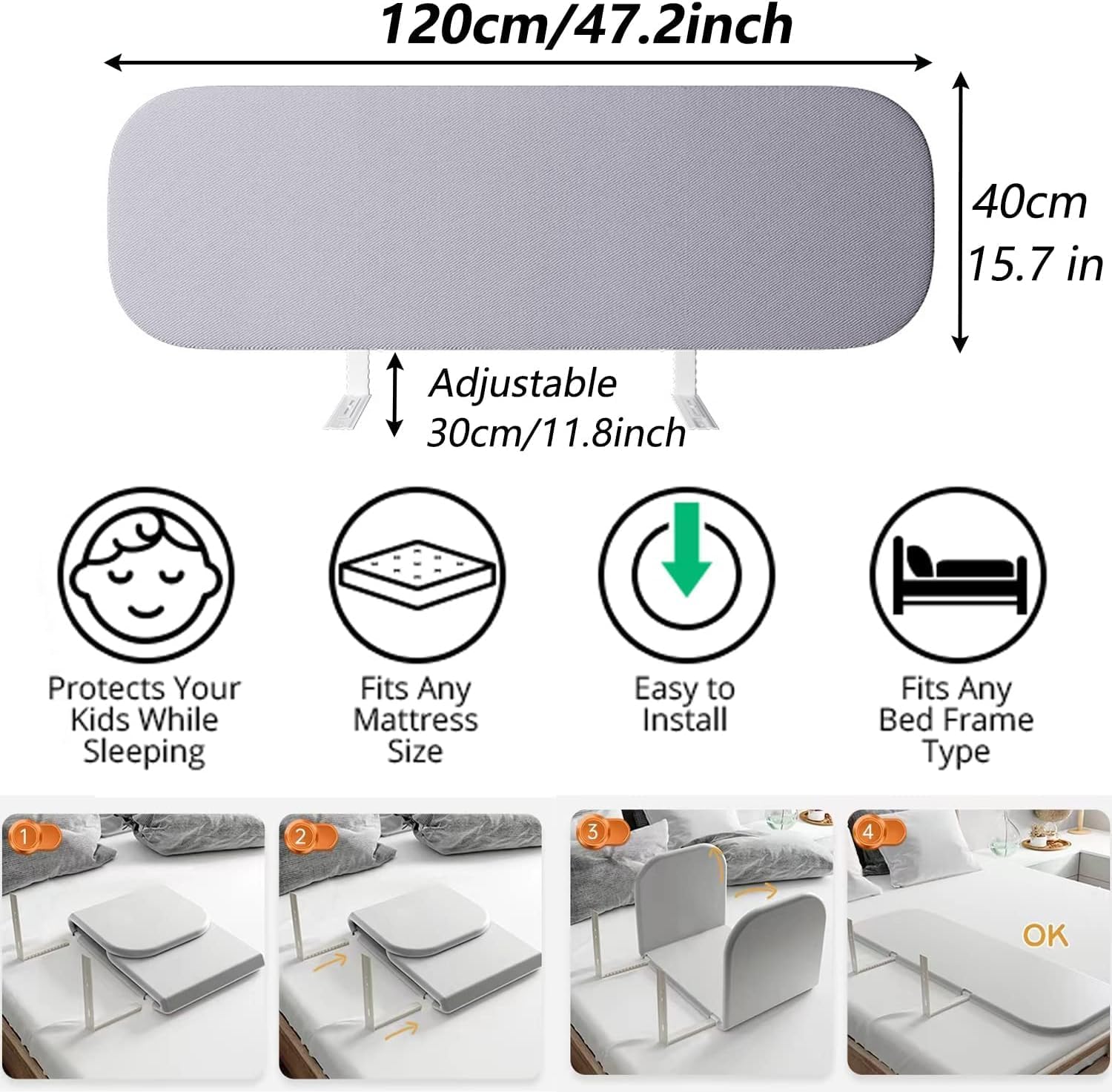 Stop Toddler Bed Rails for Crib,Toddler Bed Rails Guard,Universal Baby & Children Bed Rail,Upgrade Reinforced Safety Bed Fence Protector Rail for Cribs, Twin, Double, Full Size Queen & King Bed (1.2M)