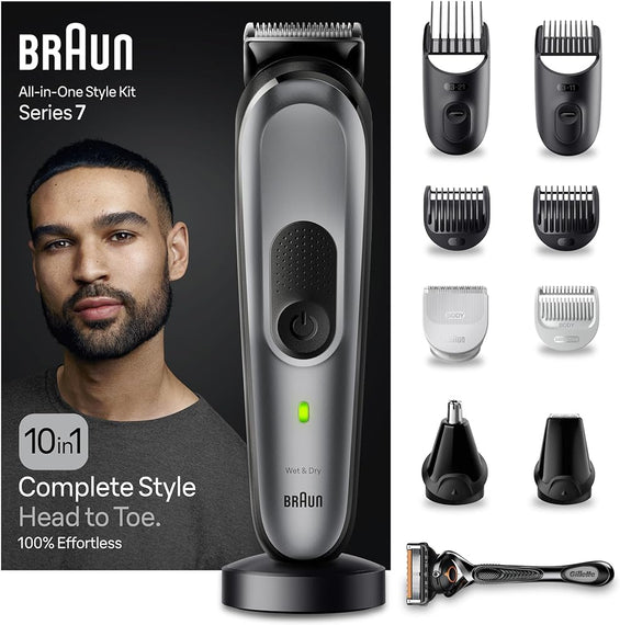 Braun MGK7420 Series 7 10-in-1 Style Kit with Metal Blade, 100 Minutes Runtime and Pouch, Black Space/Grey