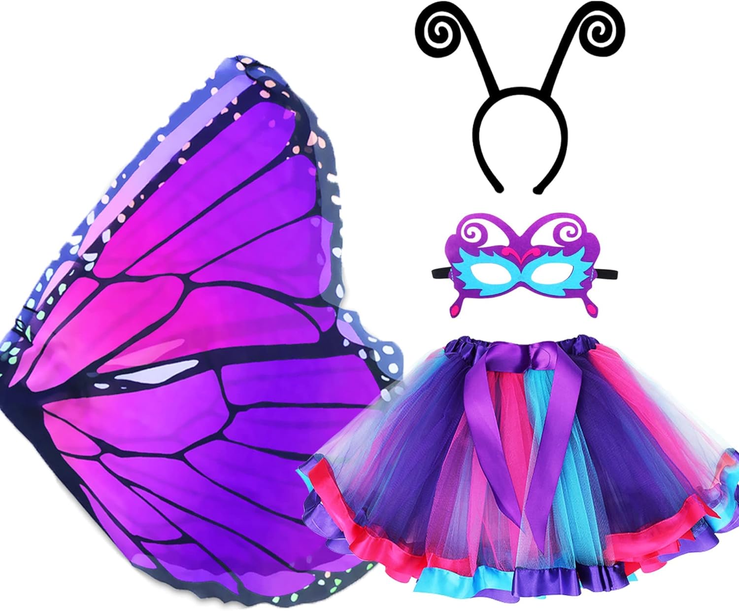 Butterfly Wings for Girls, Butterfly Costume for Party Kids Fairy Wing Dress with Mask and Antenna Headband