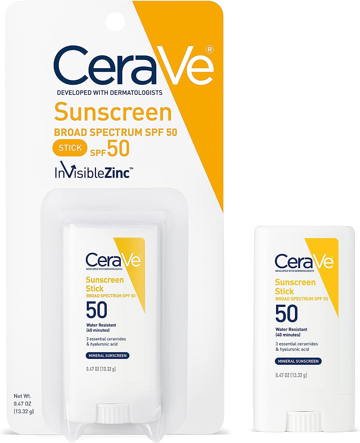CeraVe Zinc Oxide, Titanium Dioxide, Hyaluronic Acid and Ceramides SPF 50, Fragrance Free Mineral Sunscreen Stick for Kids & Adults (0.47oz)