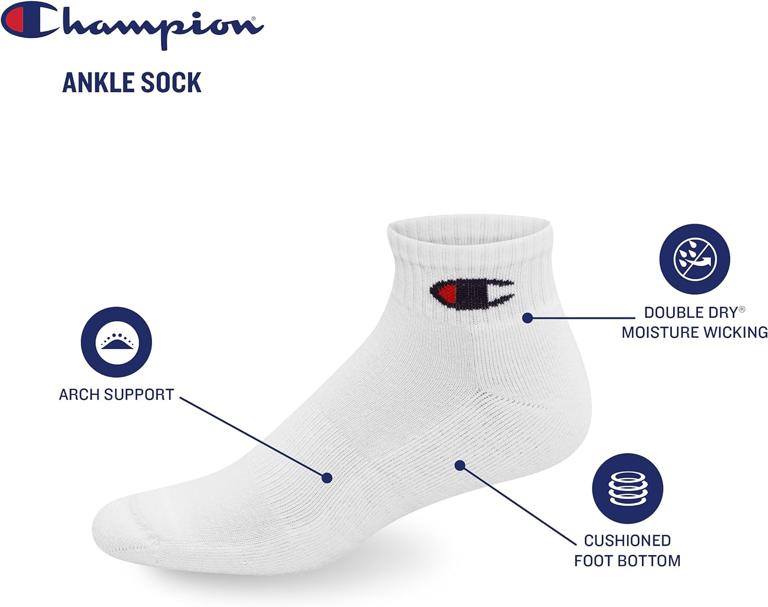 Champion Double Dry Moisture Wicking Champion Logo 6-Pack Ankle Socks