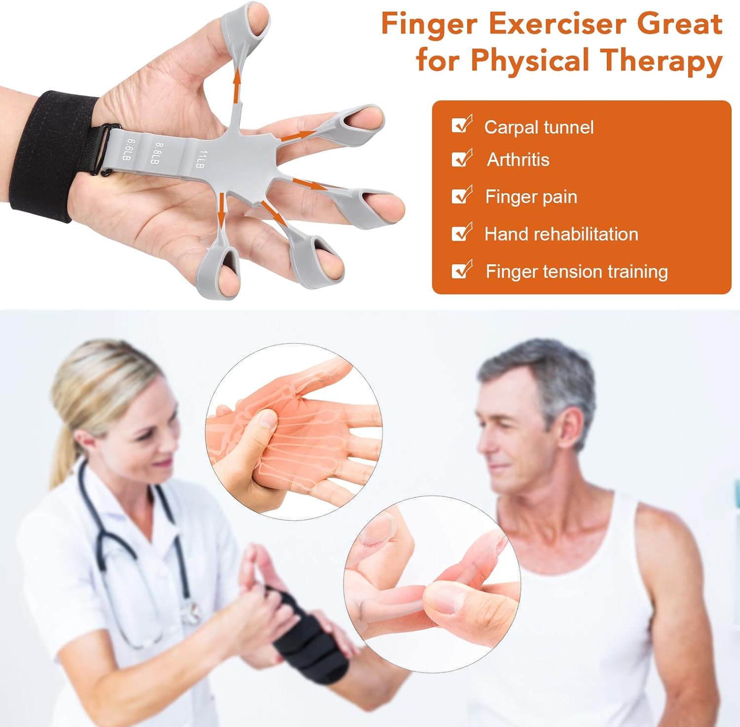 Hand Grip Strengthener - Adjustable Finger Exerciser and Finger Stretcher - Grip Strength Trainer for Hand Therapy, Rock Climbing - Relieve Pain for Arthritis, Carpal Tunnel