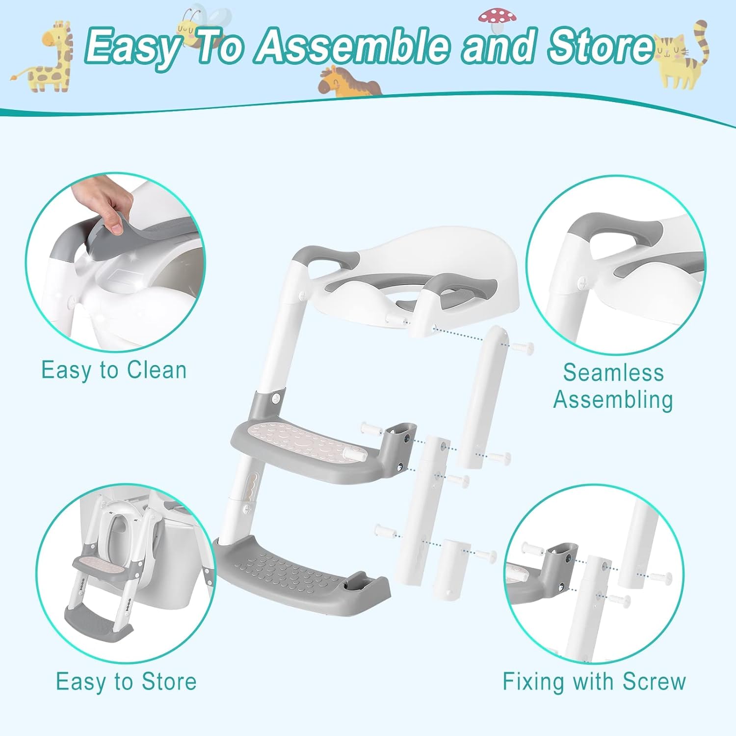 DMG Potty Training Seat, Kids Toilet Training Seat with Step Stool, Foldable Portable Potty Chair with Adjustable Height Ladder Guard Handle Soft Cushion White for Baby Toddler Boys Girls (Grey)