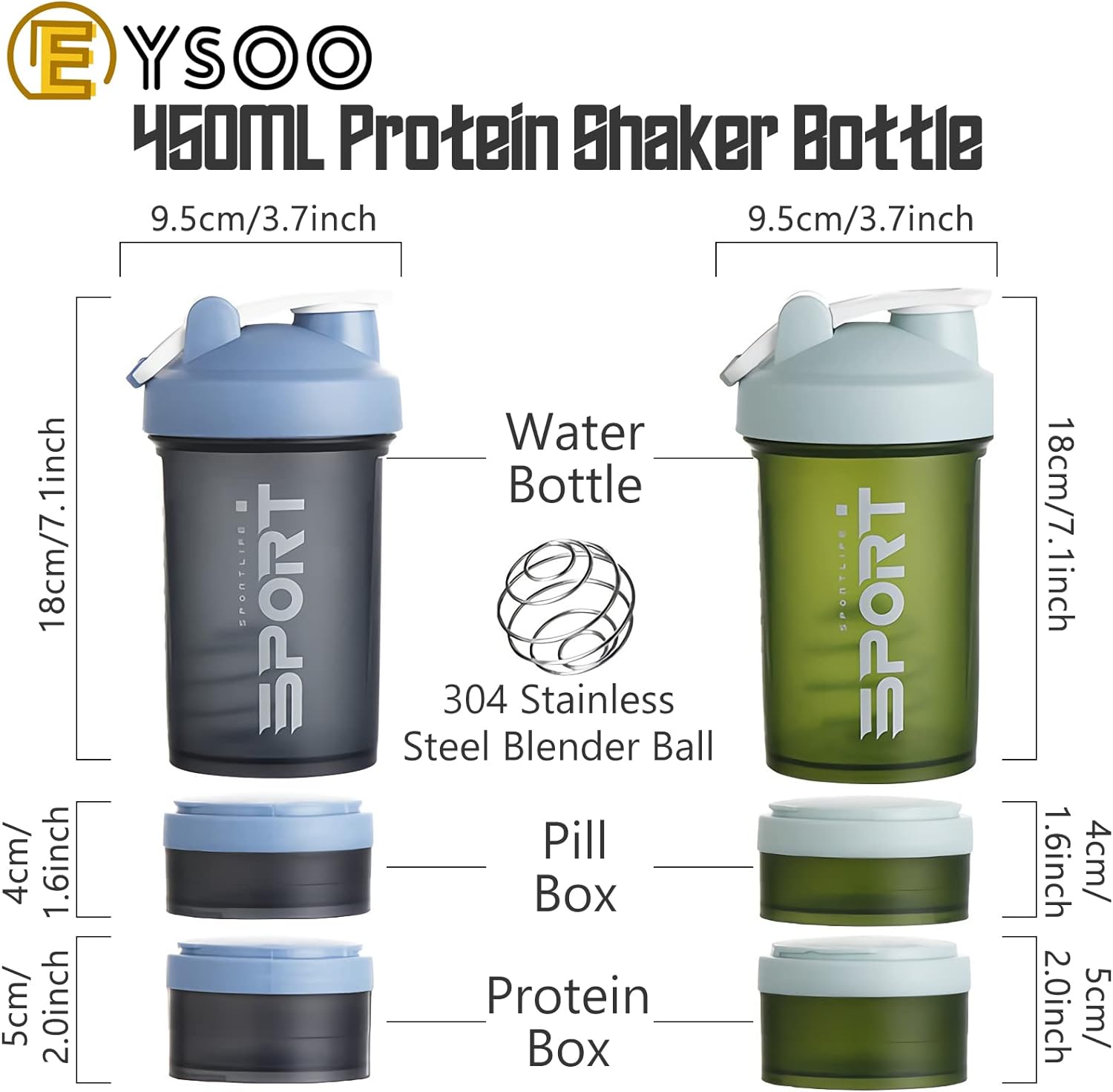 EYSOO Protein Shaker Bottle 2 Pack 500ml / 17oz Shaker Bottle for Protein Mixes Leak-proof BPA Free 3-Layer Protein Shaker with Supplement Pill Storage Container Gym Shaker Cup (Blue & Green)