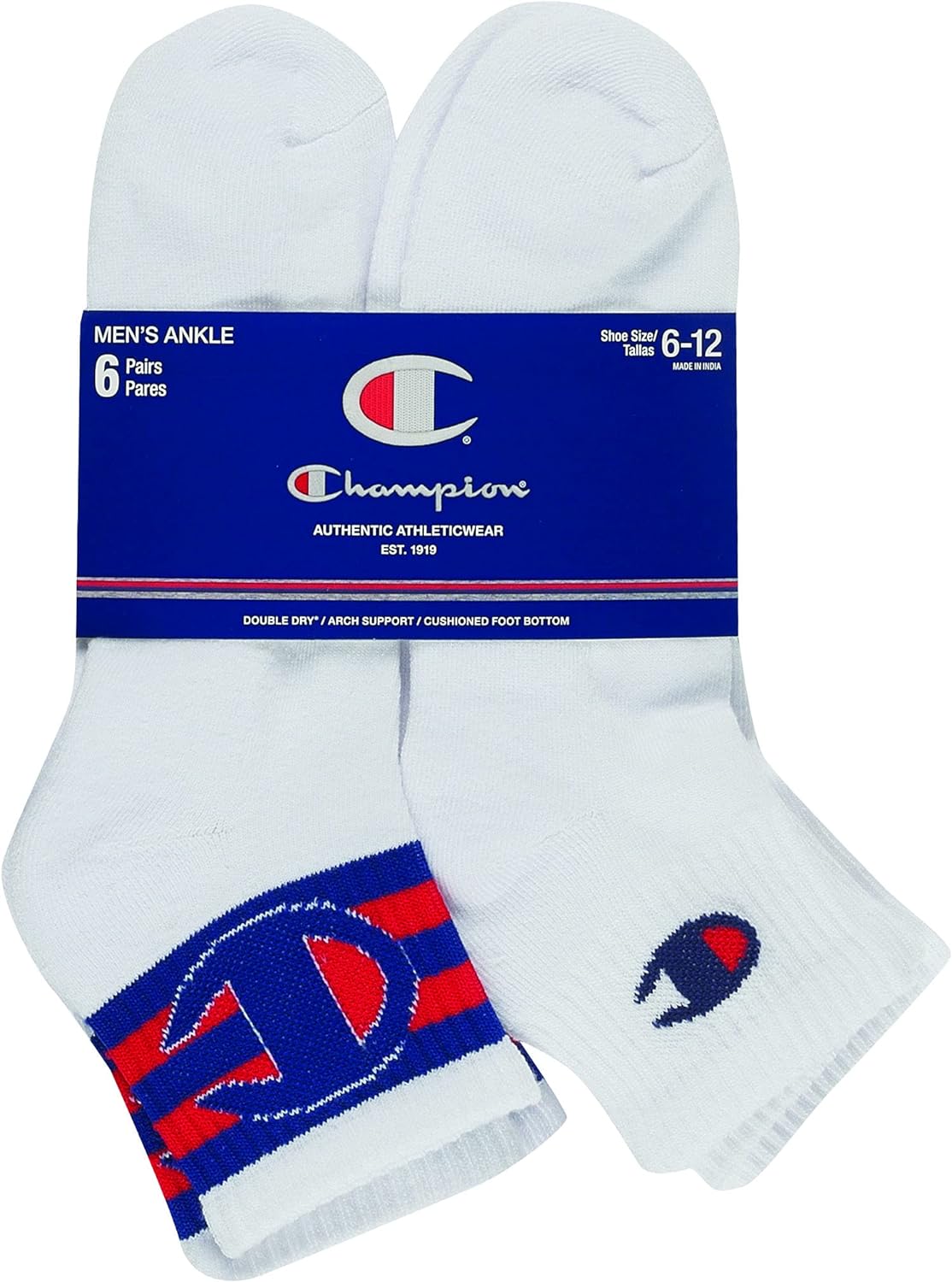 Champion Double Dry Moisture Wicking Champion Logo 6-Pack Ankle Socks