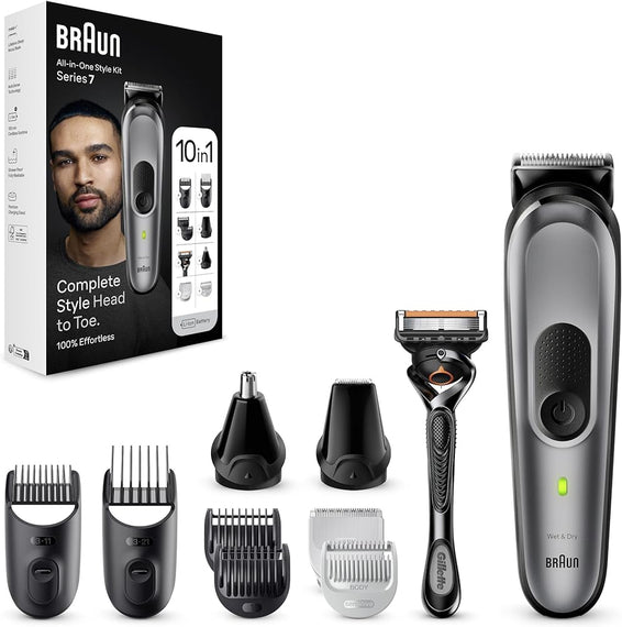 Braun MGK7420 Series 7 10-in-1 Style Kit with Metal Blade, 100 Minutes Runtime and Pouch, Black Space/Grey