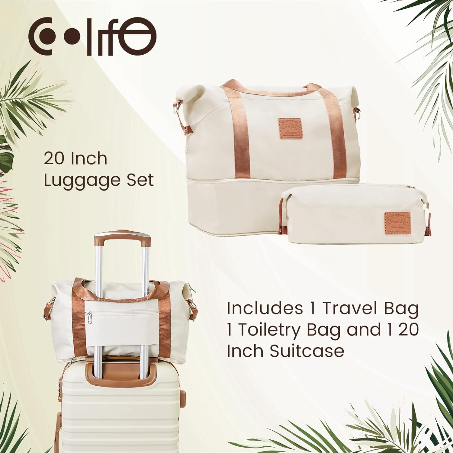 COOLIFE Suitcase Trolley Carry On Hand Cabin Luggage Hard Shell Travel Bag Lightweight with TSA Lock,The Suitcase Included 1pcs Travel Bag and 1pcs Toiletry Bag (White/Brown, 28 Inch Luggage Set)