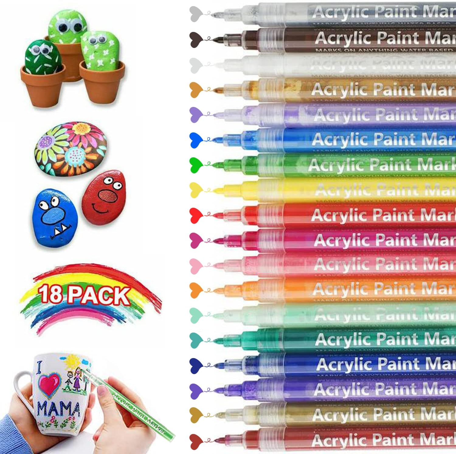 ANYOUI 18 Colors Acrylic Paint Pens Paint Markers Fine Tip Permanent Drawing Pens for Kids Acrylic Paint Pens for Rock Painting, Glass, Ceramic, Marker Pen Markers Painting Supplies الاكريليك الطلاء